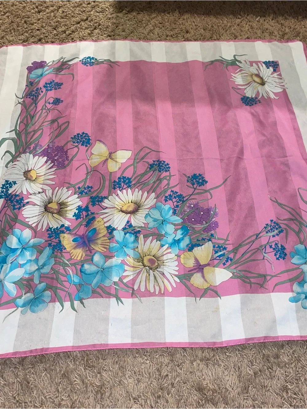Floral Pink Silk-Feel Scarf with Blue Accents